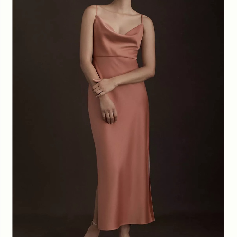 BHLDN Cali Satin Cowl-Neck Midi Slip Dress